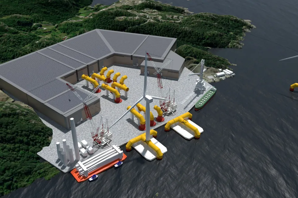 Slik ser Grimstad-selskapet Ocean Ventus for seg fabrikken på Hausvik ved Lyngdal der fundamentene til flytende havvind skal produseres før installasjon av vindmøller ved kai.