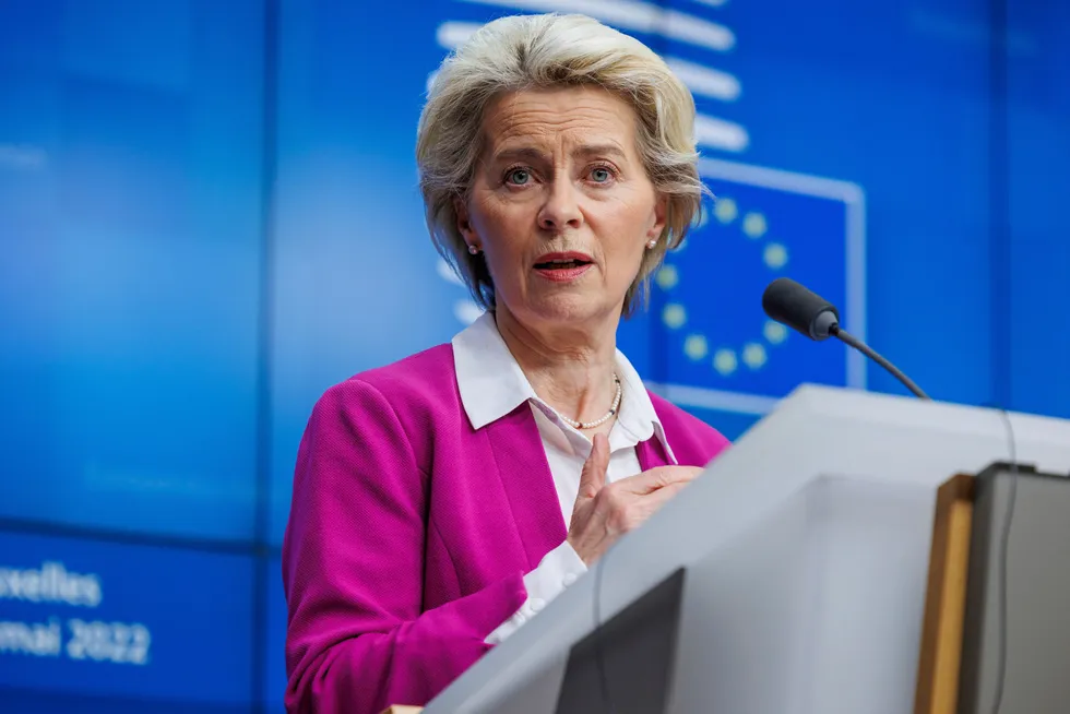 Address: European Commission President Ursula von der Leyen talks with the press after an extraordinary meeting of EU leaders on 30 May in Brussels to discuss Ukraine, energy and food security
