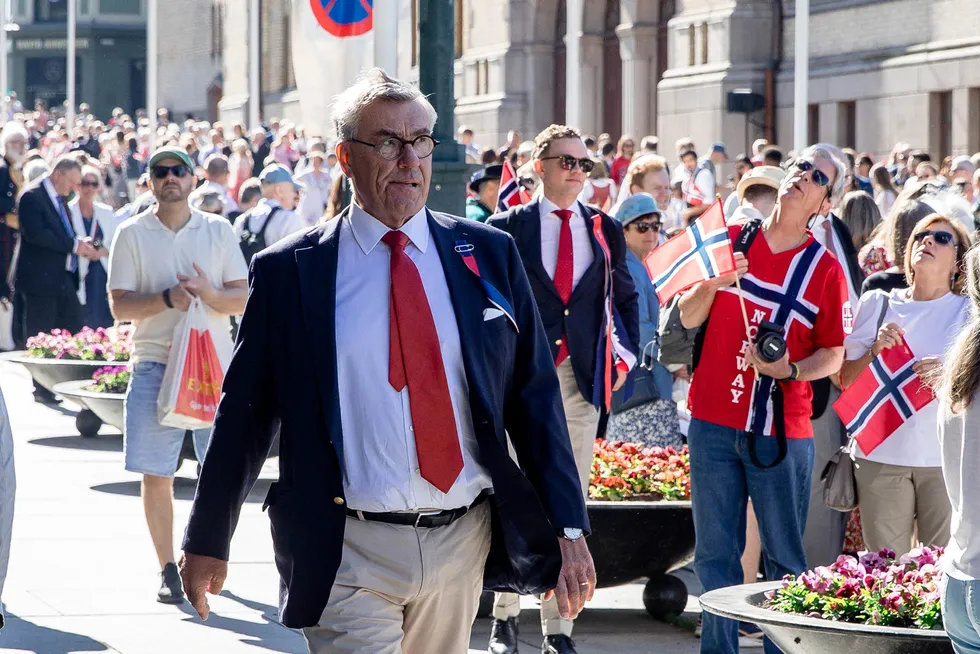 Stein Erik Hagen kan endelig feire en betydelig bedring av totalavkastningen til Orkla. Her fra den årlige 17. mai-feiringen på Grand Hotel.