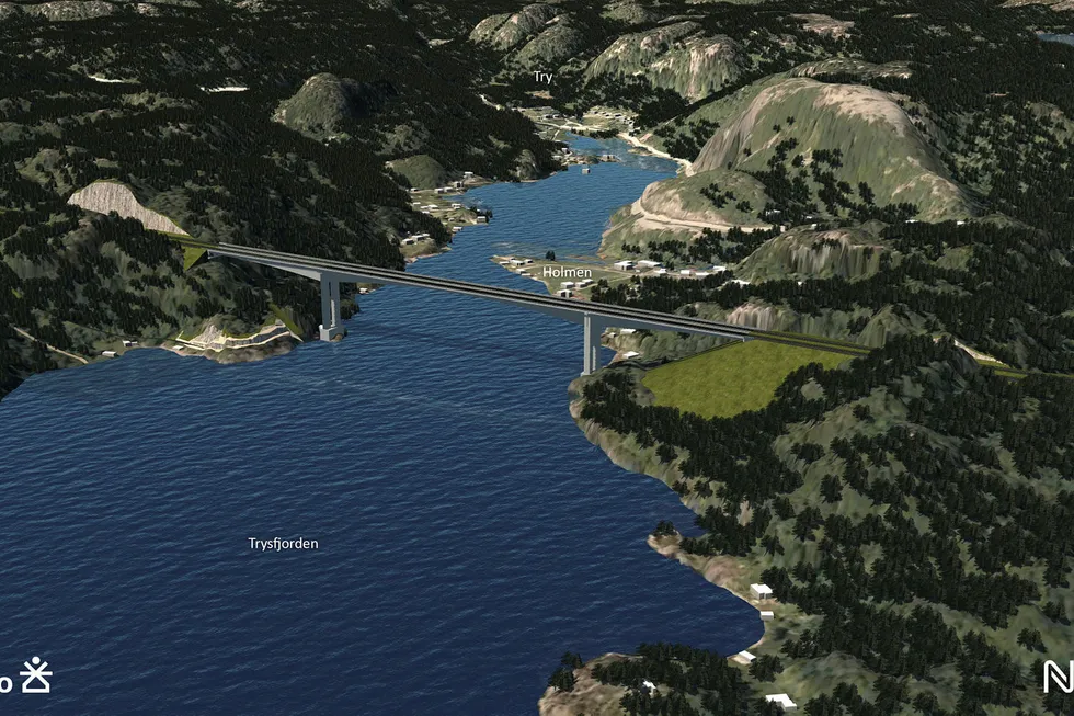 E39-kontrakten til AF Gruppen inkluderer blant annet en fire kilometers tunnel og en bro på 550 meter (bildet) over Trysfjorden. Illustrasjon: Nye Veier as