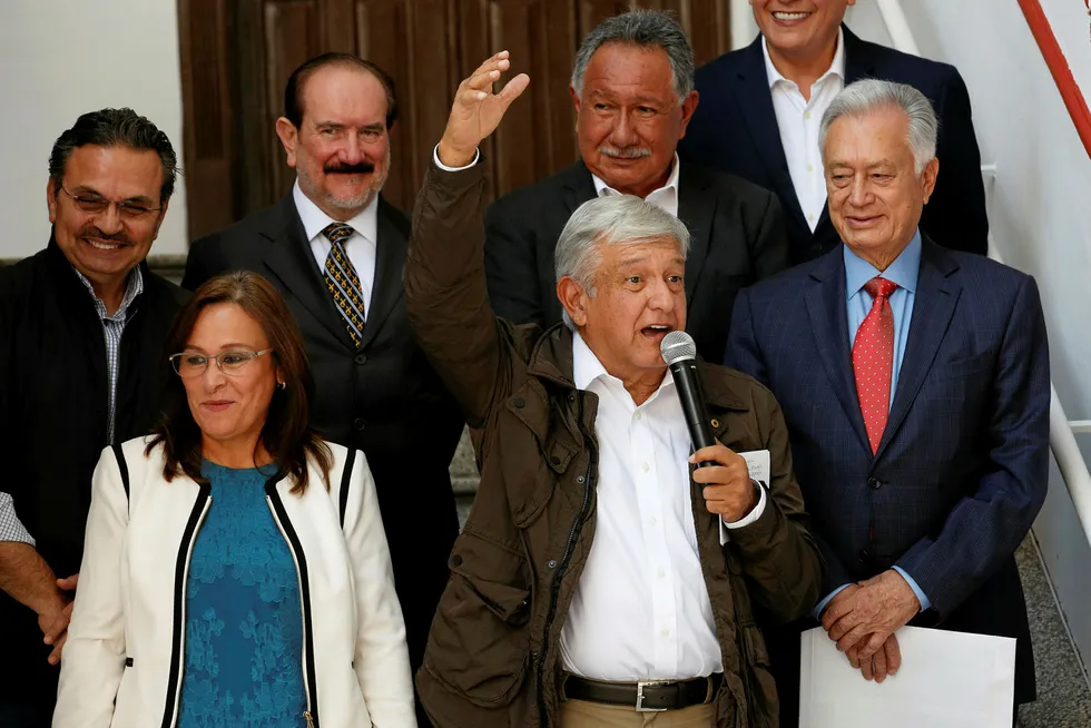 Criticism: Mexico's president-elect Andres Manuel Lopez Obrador (centre) with Pemex's next chief executive Octavio Romero Oropeza (top left) and designated energy secretary Rocio Nahle (bottom left)