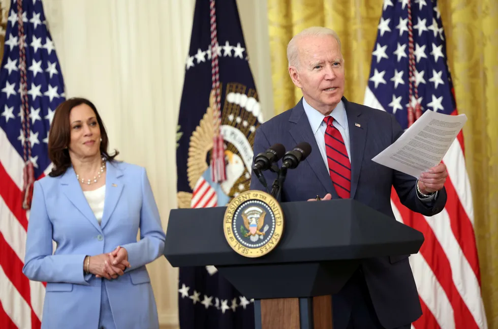 Huge plans: US President Joe Biden delivers remarks alongside Vice President Kamala Harris on the Senate's bipartisan infrastructure deal at the White House