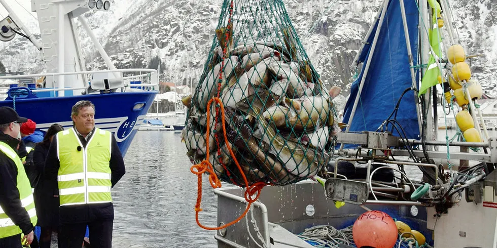 LOSSING: Den viktigste delen av den framtidige ressurskontrollen bør fortsatt skje på kaikanten, mener Fiskarlaget Nord. Her er det tidligere fiskeriminister Harald Tom Nesvik som overvåker en landing ved Saga Fisk i Svolvær sammen med kontrollsjef Charles Ingebrigtsen i Norges Råfisklag.