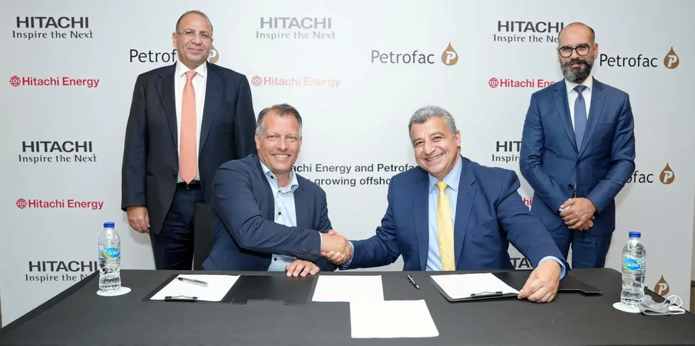 Connecting up: (left to right) Mostafa AlGuezeri, Hitachi Energy country manager UAE and Gulf; Niklas Persson, managing director of Hitachi Energy’s grid integration business; Petrofac group chief executive Sami Iskander; and Elie Lahoud, Petrofac E&C chief operating officer