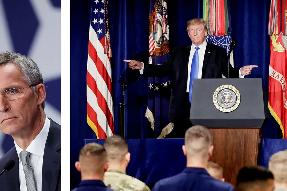 Natos generalsekretær Jens Stoltenberg (til venstre) er fornøyd med at President Donald Trump sender nye soldater til Afghanistan. Foto: Sean Gallup/Getty Images og Joshua Roberts/Reuters/NTB Scanpix