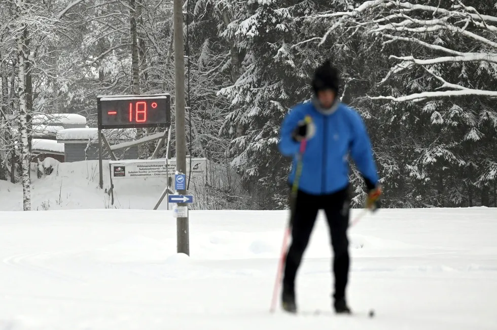 A skier at Oittaa skiing park in Espoo, Finland on Thursday, Jan. 4, 2024. Temperatures fell below minus 40 degrees Celsius in the Nordic region, with the coldest January temperature recorded in Swedish Lapland in 25 years. The cold weather, with snow and gale-force winds, has disrupted transportation throughout the Nordic region.