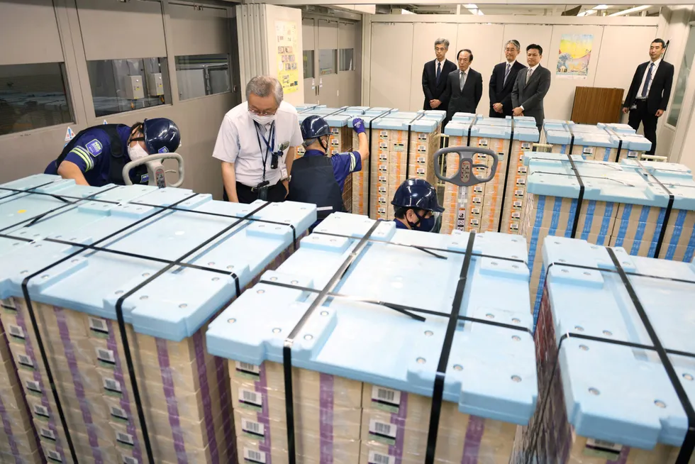 De første pallene med nye banksendler ble vist frem på onsdag med sentralbankledelsen tilstede. 10,000 yen, 5,000 yen and 1,000 yen-sedler skal erstattes for å gjøre det vanskeligere å forfalske.