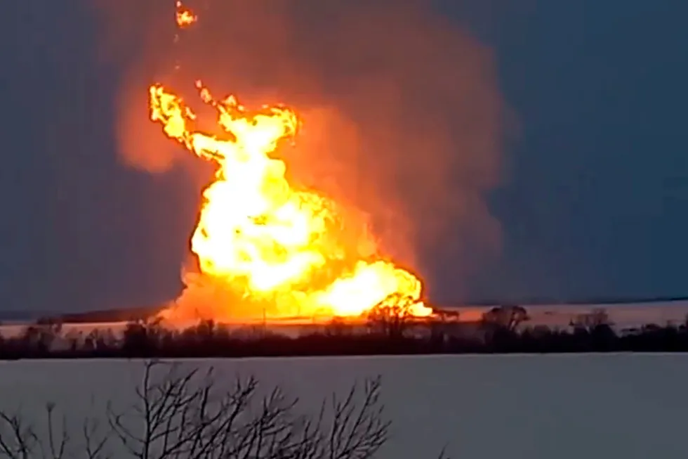 Blast site: Smoke and flames can be seen after an explosion on the Urengoy-Pomary-Uzhgorod gas trunkline near the village of Yambakhtino in the Russian region of Chuvashiya.