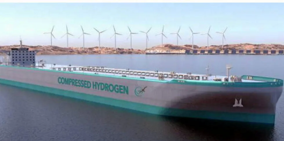 CGI of GEV compressed H2 shipping vessel concept