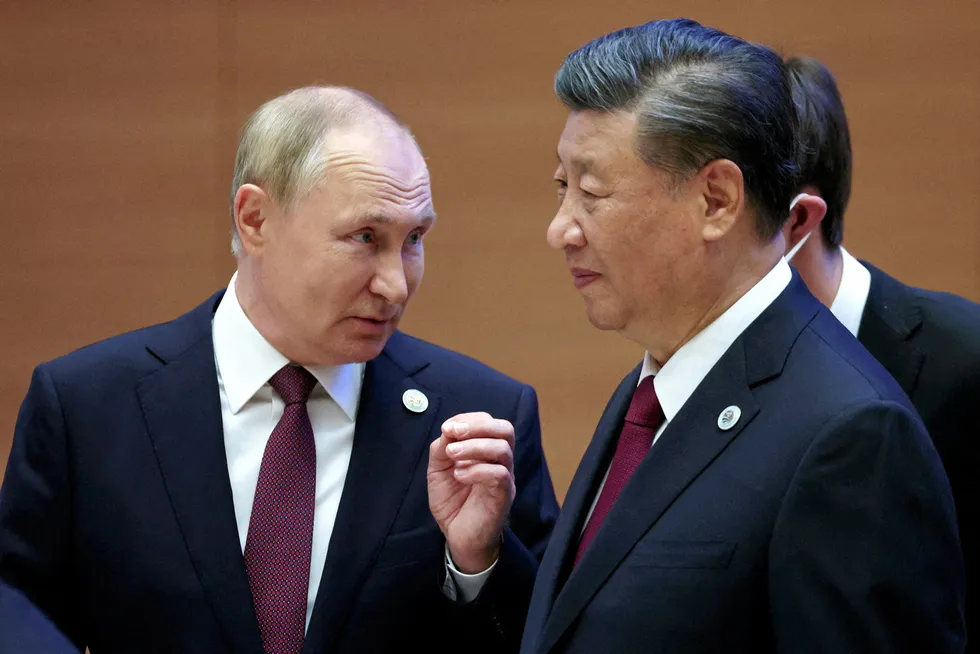 Russian President Vladimir Putin speaks with Chinese President Xi Jinping in September 2022. Alaska whitefish groups are arguing that sanctions should be placed on Russian-caught pollock imports into the United States.