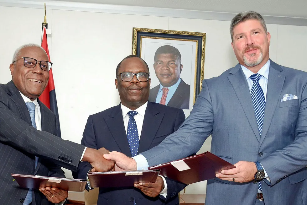 Block 33 protocol signed: by, left to right, Sonangol EP chairman Gaspar Martins, ANPG president Paulino Jeronimo and Chevron's Angola director general Derek Magness.