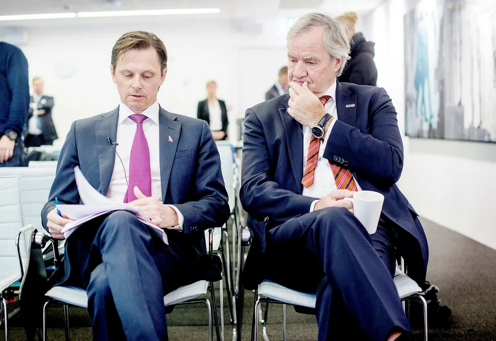Fra venstre Frode Foss, finansdirektør, og Bjørn Kjos, administrerende direktør, i Norwegian. Foto: Mikaela Berg