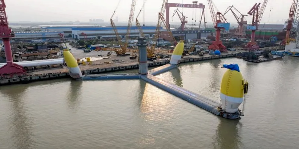 Mingyang's floating wind platform for twin-rotor at launch in Chinese harbour