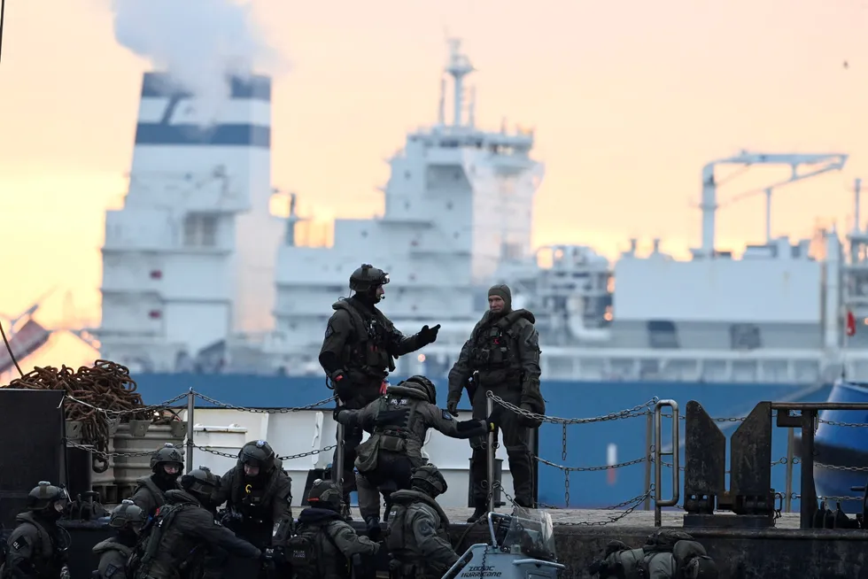 On alert: German special forces are guarding the FSRU Hoegh Esperanza during its arrival at the port of Wilhelmshaven, Germany.