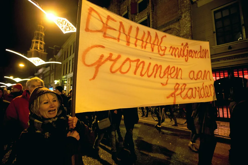 Public opinion: a woman holds a placard that reads "The Hague Billions, Groningen To Shreds" during a protest against gas extraction and related earthquakes in Groningen, the Netherlands