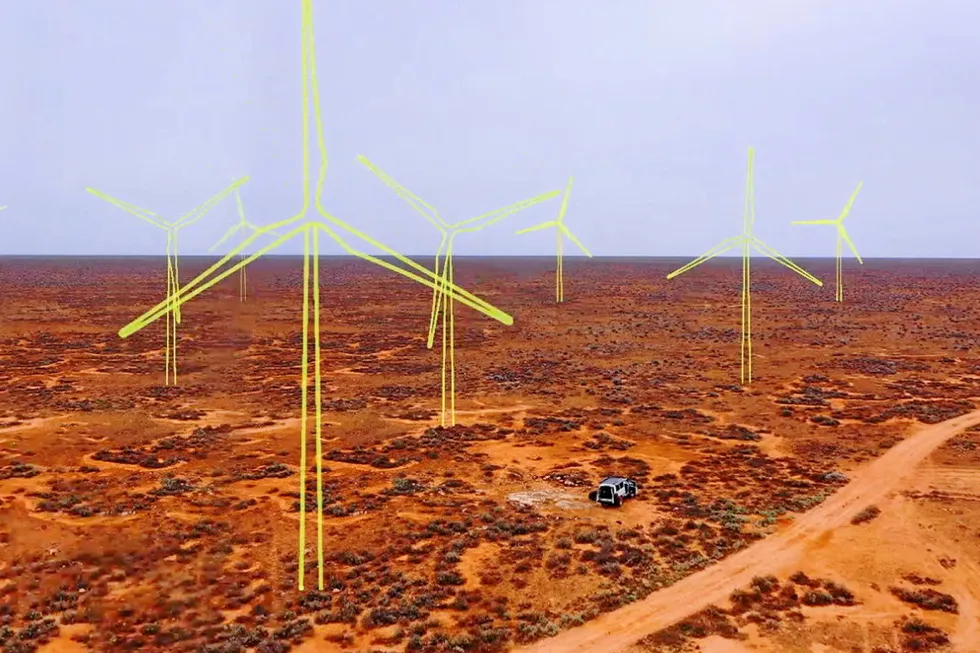 Outlines of wind turbines superimposed on the project site of the Western Green Energy Hub, the world's fourth-largest green hydrogen project, in southeast Western Australia.