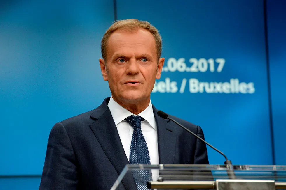 European Union Council President Donald Tusk speaks to journalists during a EU leaders summit on June 22, 2017 at the EU Council building in Brussels. / AFP PHOTO / THIERRY CHARLIER Foto: THIERRY CHARLIER/AFP/NTB Scanpix