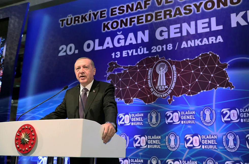Tyrkias president Recep Tayyip Erdogan under en tale i Ankara onsdag der han gikk sterkt imot å heve rentene.
