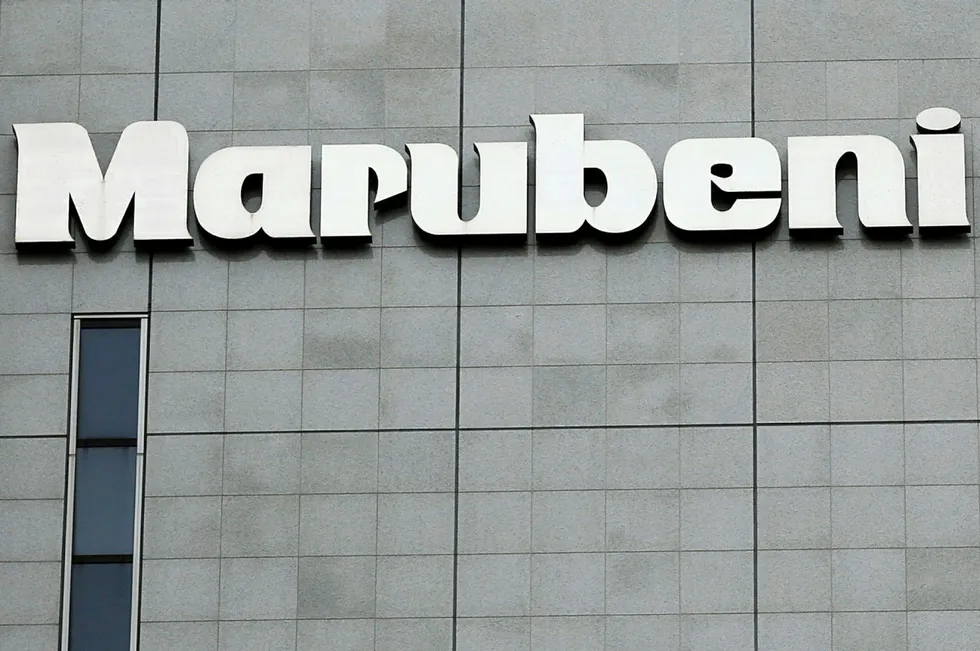 The logo of Marubeni Corporation is seen at the company headquarters in Tokyo, Japan.