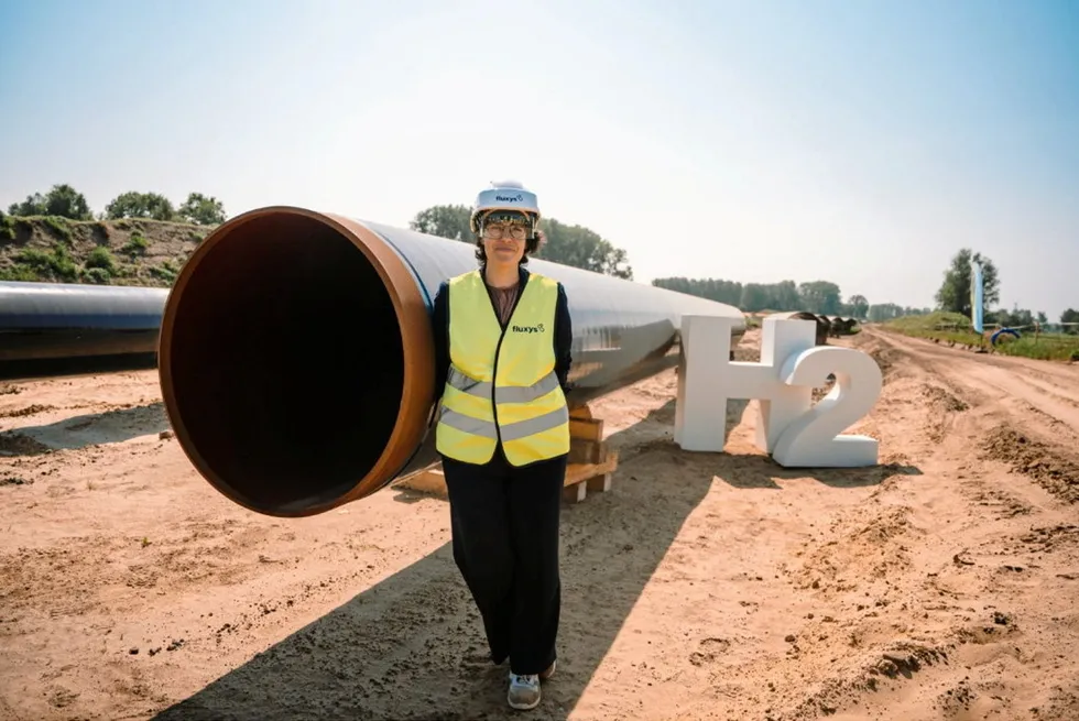 Belgian energy minister Tinne van der Straeten at the site of Fluxys' new hydrogen-ready pipeline in Belgium.