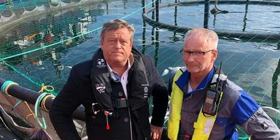 Chairman of Bergen-based Salmon Group Tom Jarle Bjorkly (right, pictured with Norway's Fisheries and Seafood Minister Harald Nesvik) is concerned about the situation on Norway's salmon farms right now.
