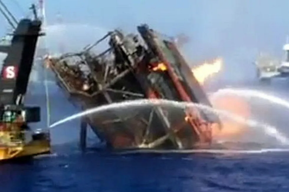 Aftermath: A screenshot from video footage of damaged Black Sea gas production platform BK-1, operated by Chernomorneftegaz, now under Russian control