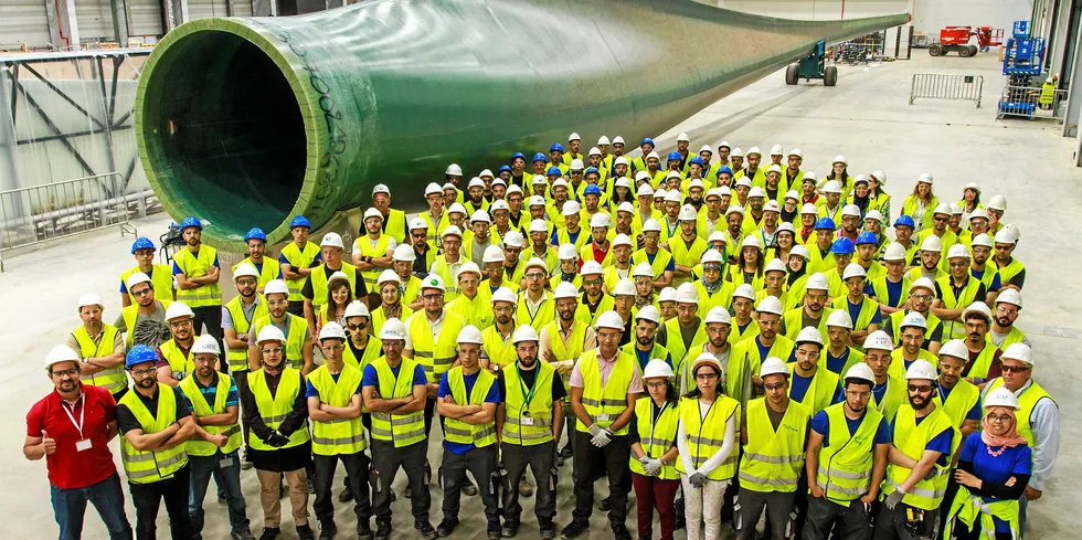 Workers at Siemens Gamesa's wind turbine blade plant in Tangier, Morocco