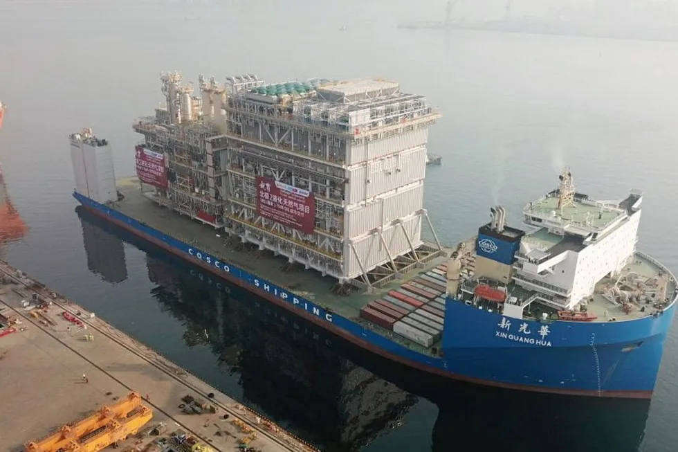 Ready: the Cosco-owned Xin Guang Hua vessel made its last voyage for shipping LNG modules to Russia in December.