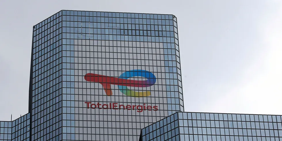 TotalEnergies company logo is seen on its head office building in La Defense business district near Paris, France.