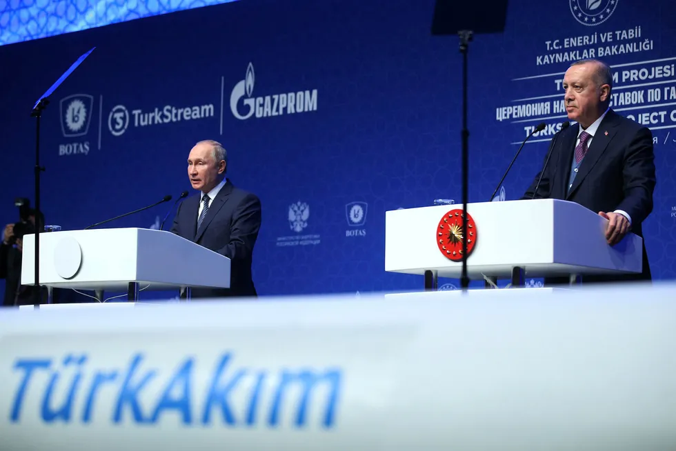 Supply chain: Turkish President Recep Tayyip Erdogan, right, and Russian President Vladimir Putin speak during an inauguration ceremony for gas export pipeline TurkStream in Istanbul in January this year