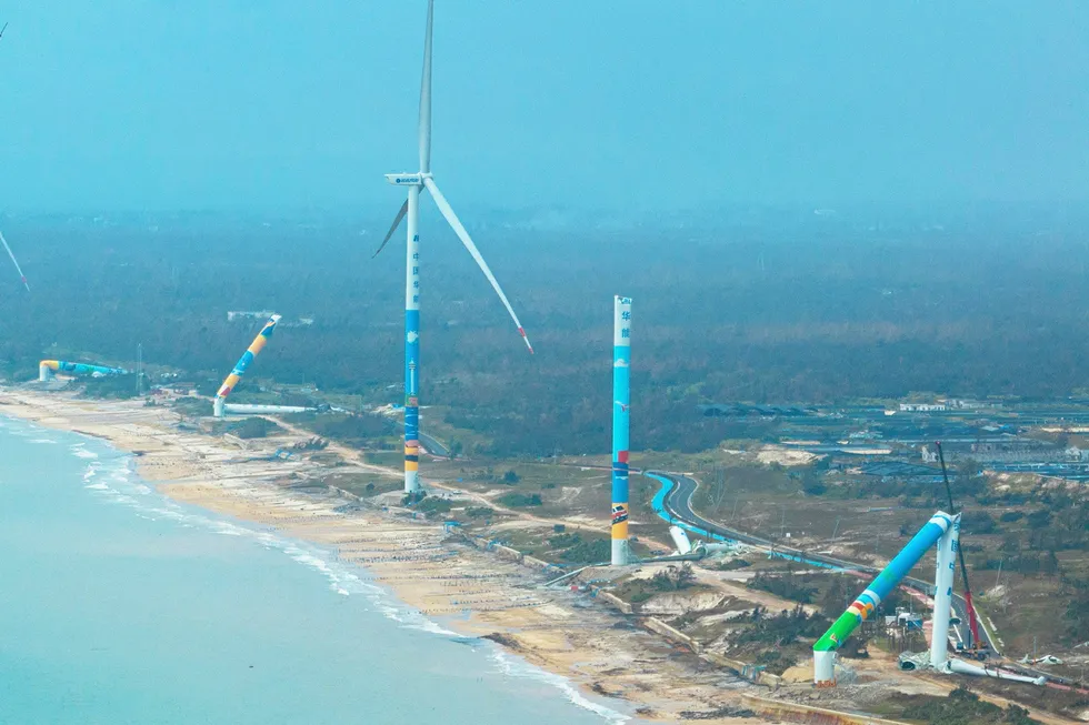 Aerial view of damaged wind turbines along the Mulan Bay after super Typhoon Yagi on September 10, 2024 in Wenchang, Hainan Province of China.