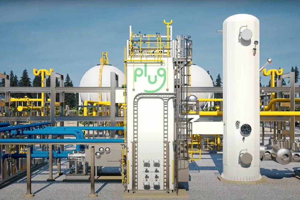 A still from a Plug Power animation showing a rendering of the company's 'ultra-efficient' liquefaction technology.