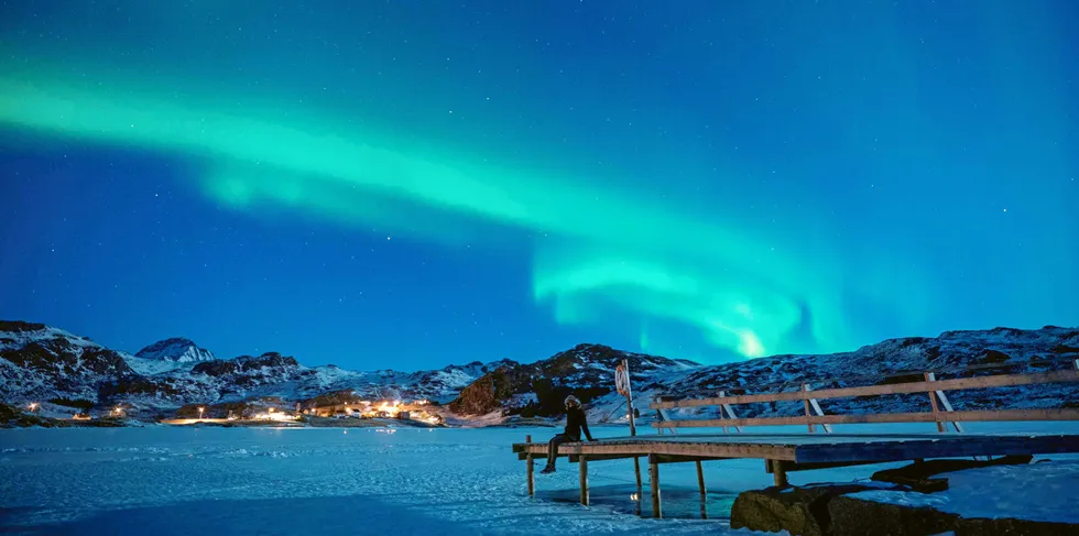 Northern lights (Aurora borealis) on the Lofoten Islands, in Bostad, in the arctic circle in northern Norway