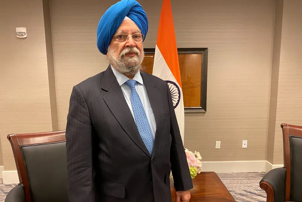 Offshore: Indian Minister of Petroleum & Natural Gas Hardeep Singh Puri at the launch of offshore oil and gas blocks auction in Houston.