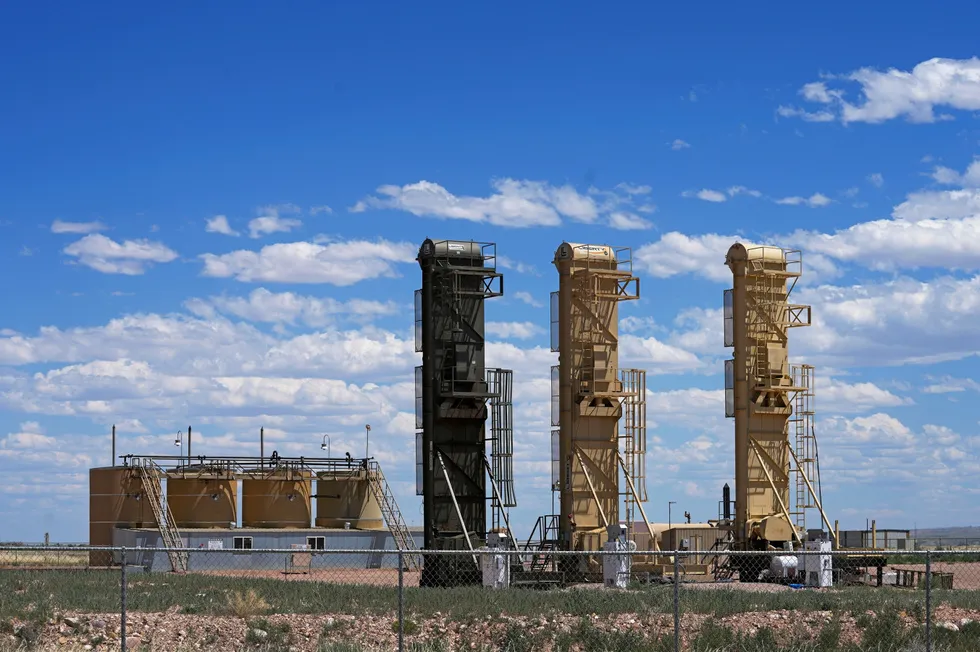 Well pads used for horizontal drilling stand in the Uinta basin near Duchesne, Utah.