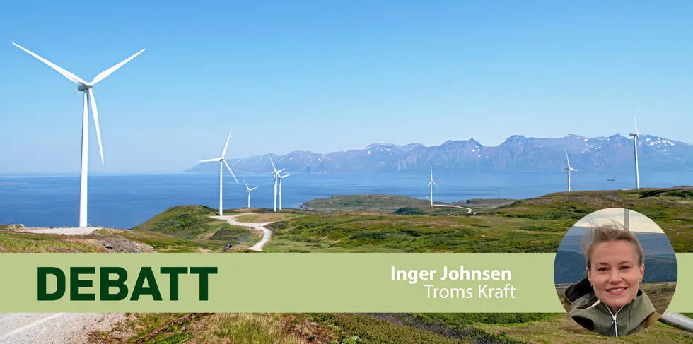 Debattinnlegg om vindkraft Inger Johnsen i Troms Kraft. På bildet ser man Fakken vindpark på Vannøya i Troms og Finnmark.