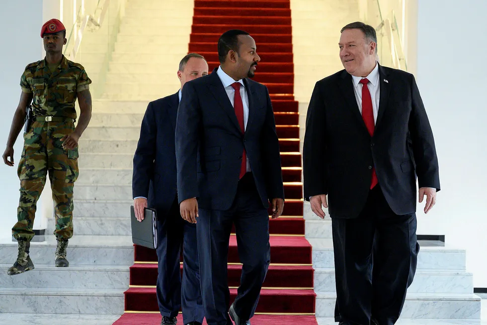 Visits: US Secretary of State Mike Pompeo (right) with Ethiopian Prime Minister Abiy Ahmed in Addis Ababa, after their meeting on Tuesday