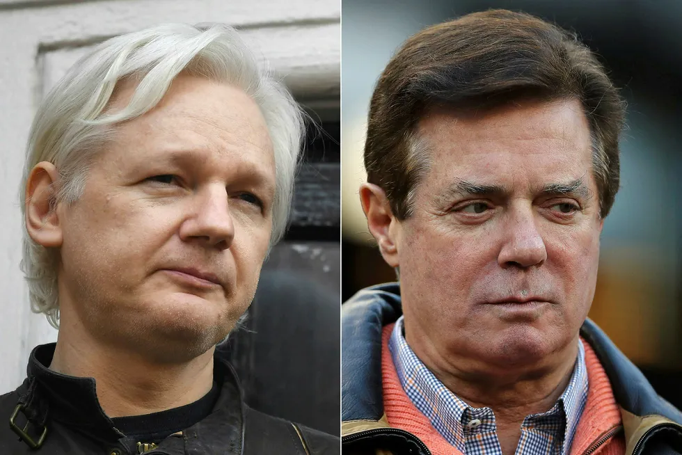 The Guardian skriver at Paul Manafort (til høyre) var i den ecuadorianske ambassaden for å møte Julian Assange (til venstre) både i 2013, 2015 og rundt mars 2016.