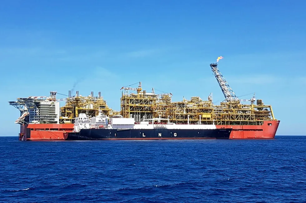 Offloading: the LNG carrier Flex Courageous receiving a cargo from Shell's Prelude FLNG unit offshore Australia.