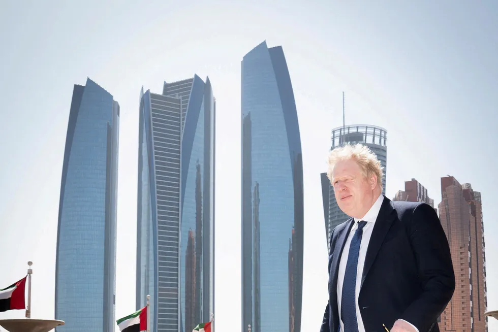 Stepping out: UK Prime Minister Boris Johnson at the Emirates Palace hotel during his visit to the United Arab Emirates, amid Russia’s invasion of Ukraine