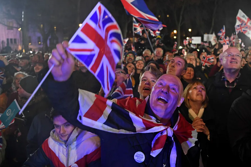 Brexit-jubel foran Parlamentet i London da avskjeden var et faktum. Siden har begeistringen stilnet noe.