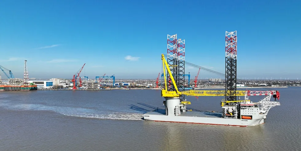 Jan De Nul's Voltaire wind turbine installation vessel leaving Cosco shipyard in China