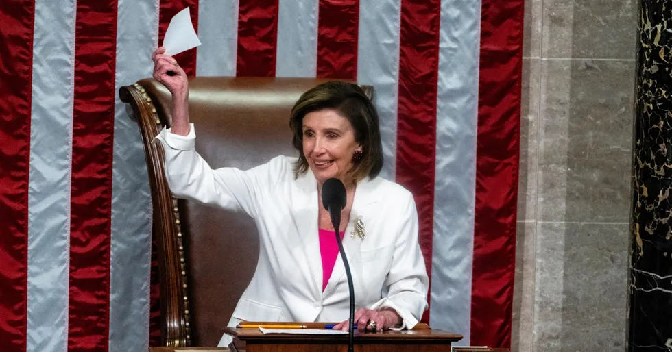 US House Speaker Nancy Pelosi announcing that the passage of the Build Back Better Bill