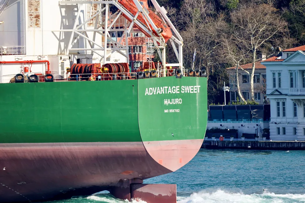 Sailing: The Marshall Islands-flagged oil tanker Advantage Sweet, sails through Bophorus Istanbul in February.