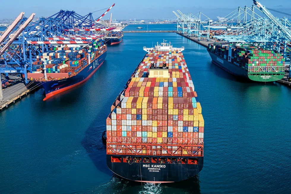 Containerships call at the Port of Los Angeles. The port is seeing less container volumes, but part of the reason why is because goods are getting shipped to other US ports that are now overwhelmed with cargo, executive director Gene Seroka said.
