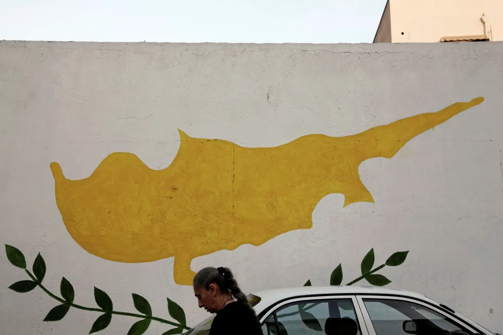 Sign of the times: a woman walks in front of Cypriot flag painted on a wall in the capital, Nicosia