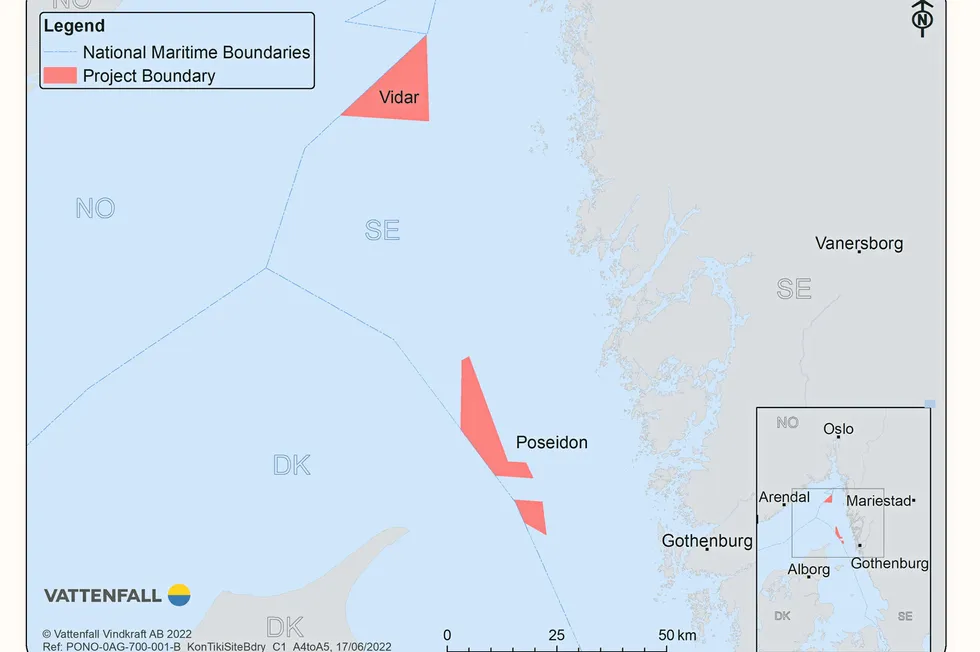 Map of Swedish coast with Vidar and Poseidon offshore wind projects.