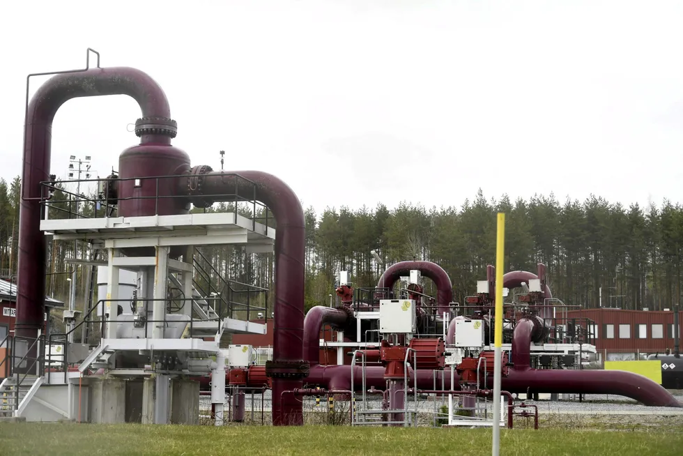 Steel: a natural gas pipeline connection at a Finland’s Gasum operated facility near the country’s border with Russia in Raikkola, Finland