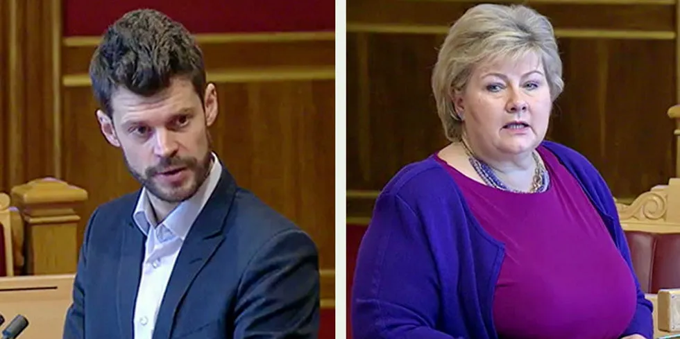 Rødt-leder Bjørnar Moxnes og statsminister Erna Solberg diskuterte strømprisen i Stortinget i går. Bildene er tatt ved en tidligere anledning.