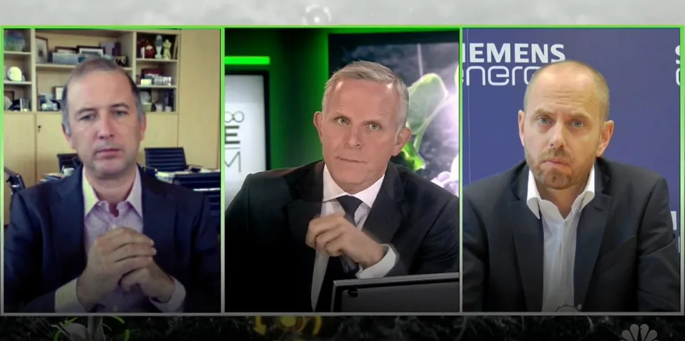 Snam CEO Marco Alverà, left, and Siemens Energy CEO Christian Bruch, right, being grilled by CNBC's Steve Sedgwick, centre, at the online conference on Tuesday.